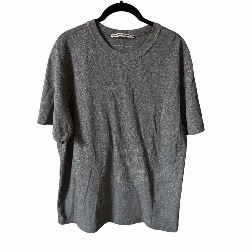 Alexander Wang Mens Large T-Shirt Puff Logo Gray Glitter Sparkle Tee Smaif